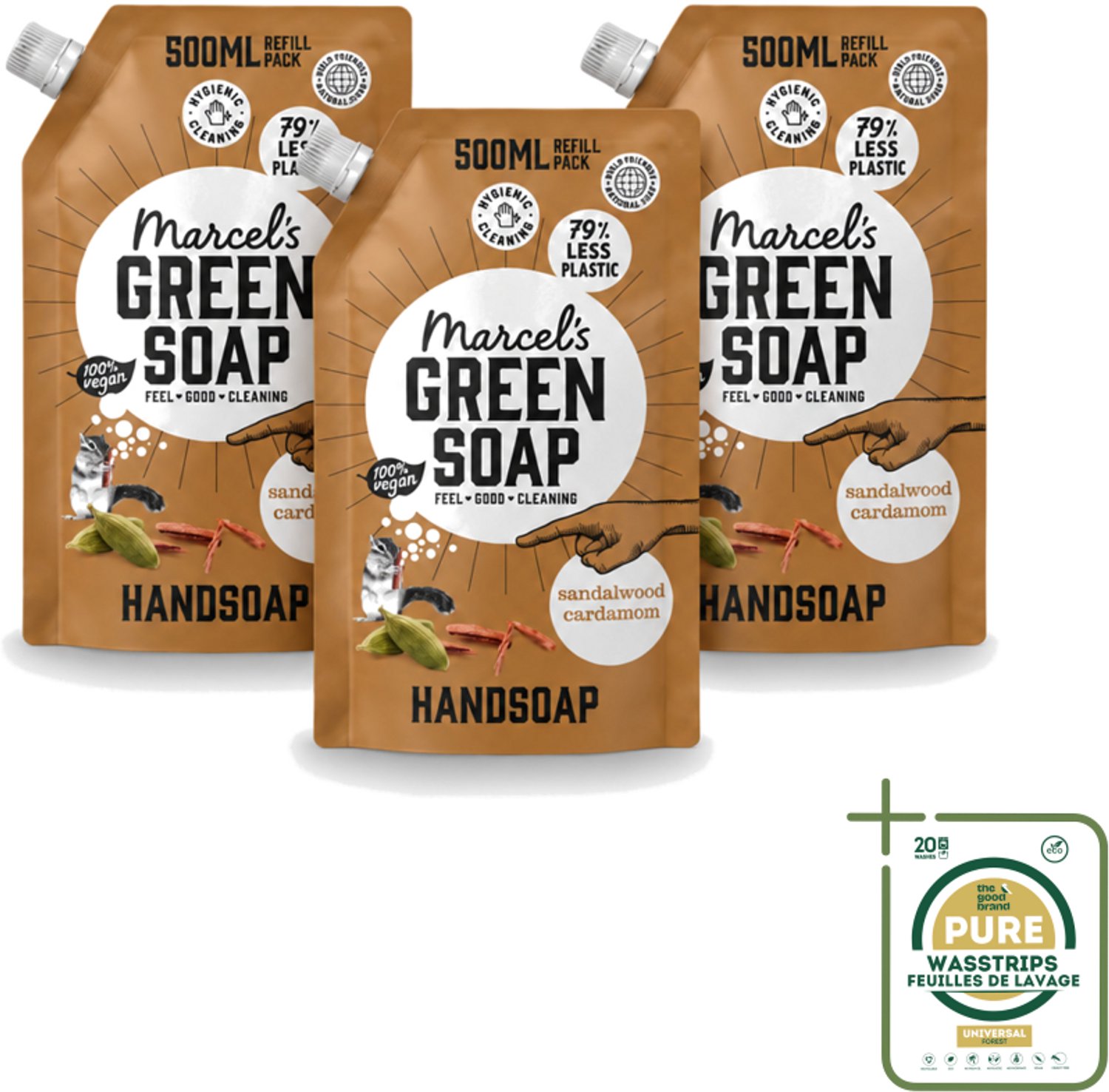 3 x Marcel’s Green Soap – Handzeep Navulling – Sandelhout & Kardemom – 500 ml - Wasstrips - Handzeep Navulling - Sandelhout En Kardemom - Natuurlijke Handzeep - Duurzame Handzeep - Geurige Handzeep