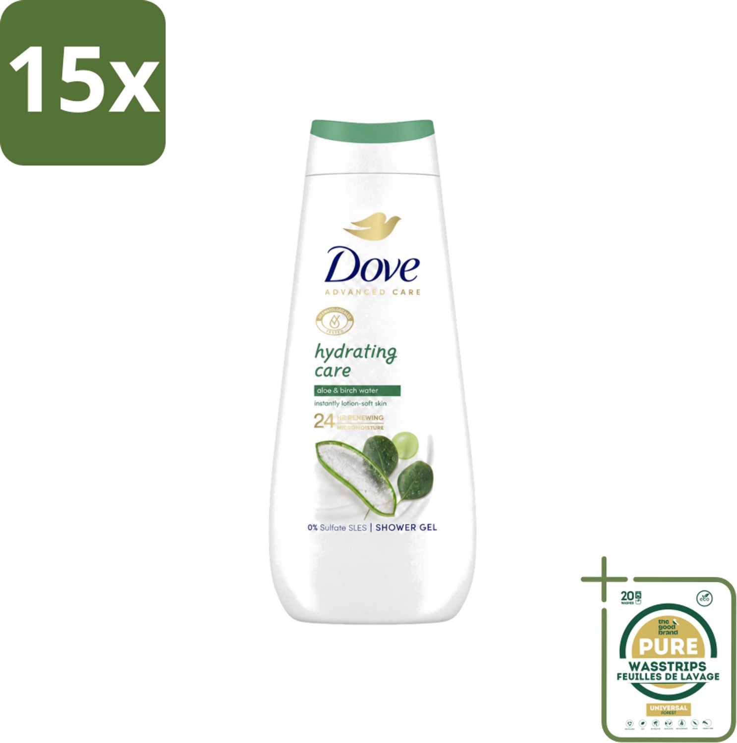 15 x Dove Douchecrème - Hydrating Care - Aloe Vera - 400 ml - Wasstrips - Douchegel - Hydraterende Douchegel - Droge Huid - Douchegel Voor Droge Huid - Douchegel Met Aloë Vera