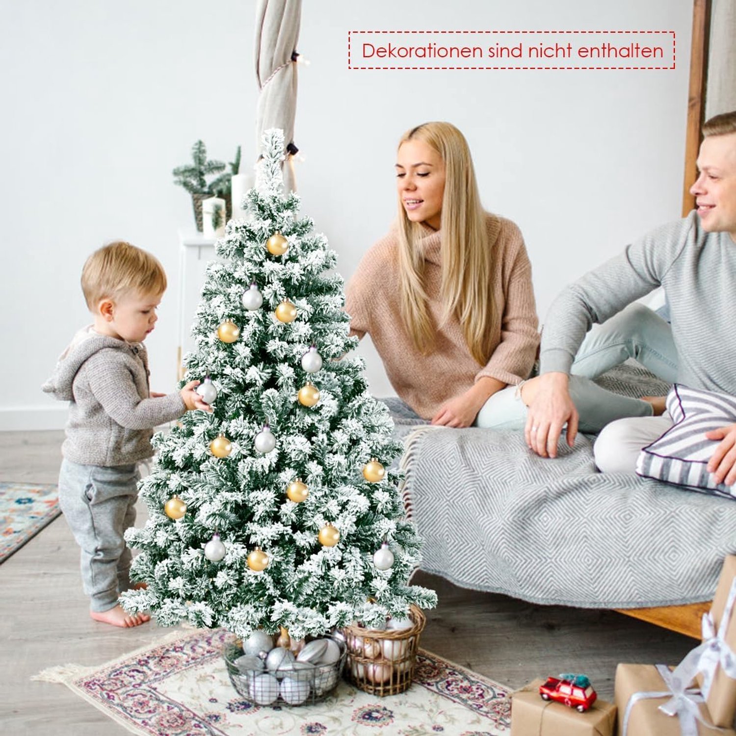 KOMFOTTEU Kunstkerstboom met leds, warmwit - kunstdennenboom wit met sneeuw - decoratieve boom voor Kerstmis, pvc-naalden en metalen standaard (135 cm) – foto 2