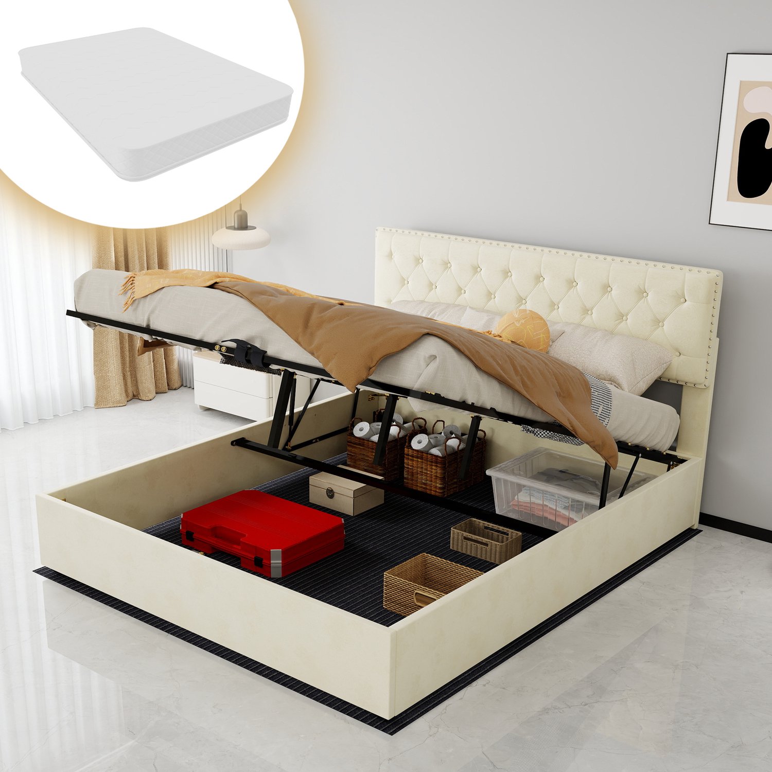 WUVRIE Gestoffeerd bed 160x200 cm - Met opbergruimte, lattenbodem en matras - Beige