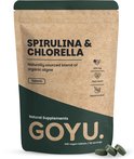 Bruine papieren zak met donkergroene onderkant en tekst 'Spirulina & Chlorella', 300 veganistische tabletten.