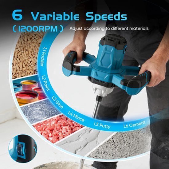 Elektrische Cementroerder Handmixer - 2400 W Vermogen - 6 Variabele Snelheden - Voor Cement Gips Mortel Verf Lijm - Roerder Mixer — afbeelding 3