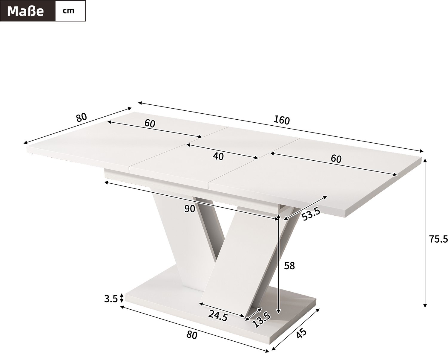 Clruro Eettafel - 120–160×80 cm - Uitschuifbaar - V-Poten - MDF - Wit