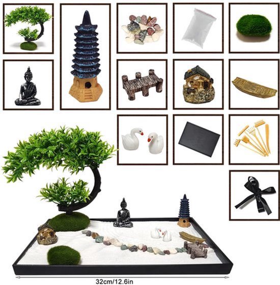 Zen Garden Zen-mini-tuin, meditatie, rots- en zandtuin, met hark voor zentuin, kantoor, voor ontspanning en meditatie, Japans, decoratief — afbeelding 5