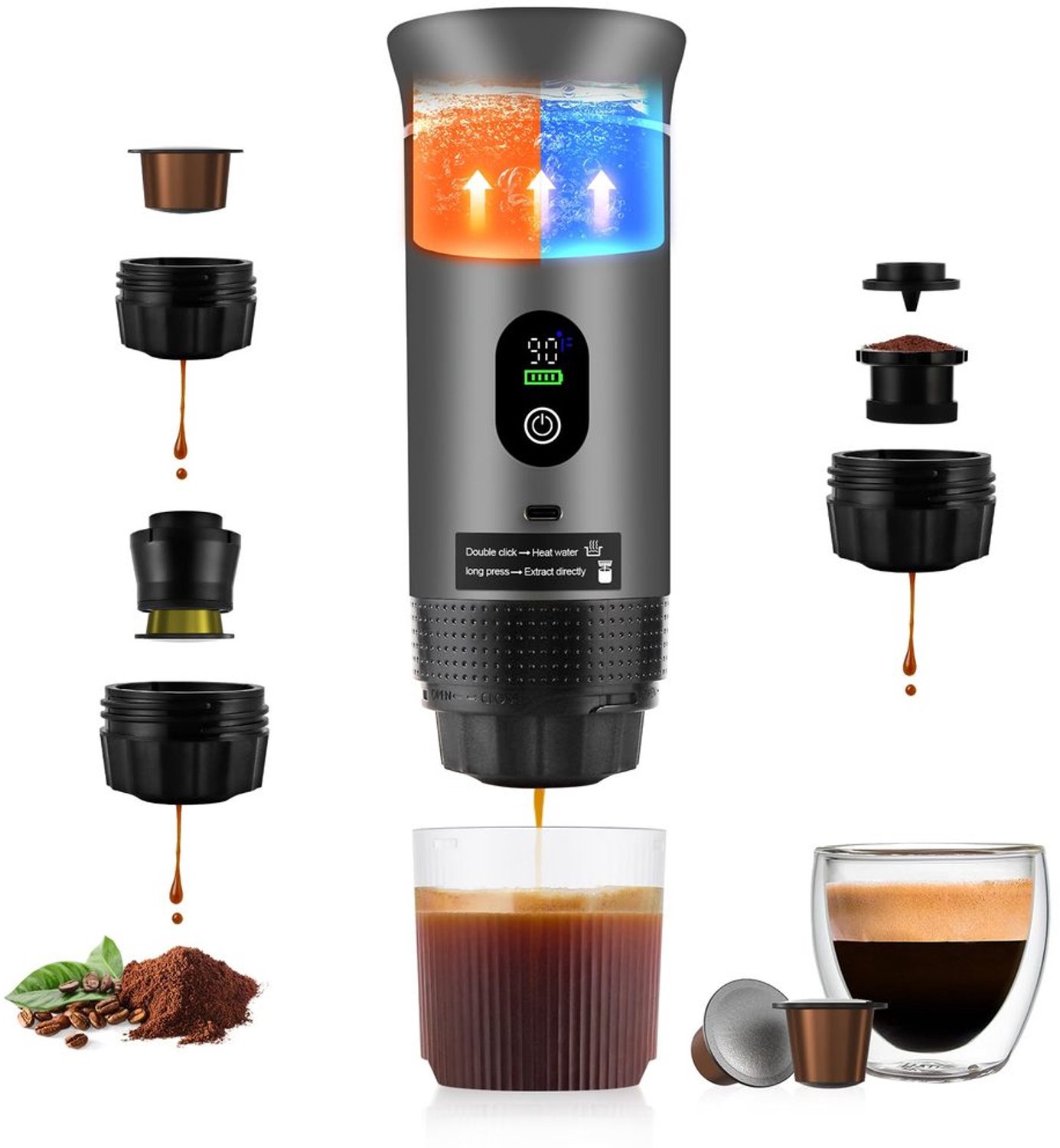 Draagbare Espressomachine 3-in-1 - 20 Bar Zelfverwarmend - Grijs