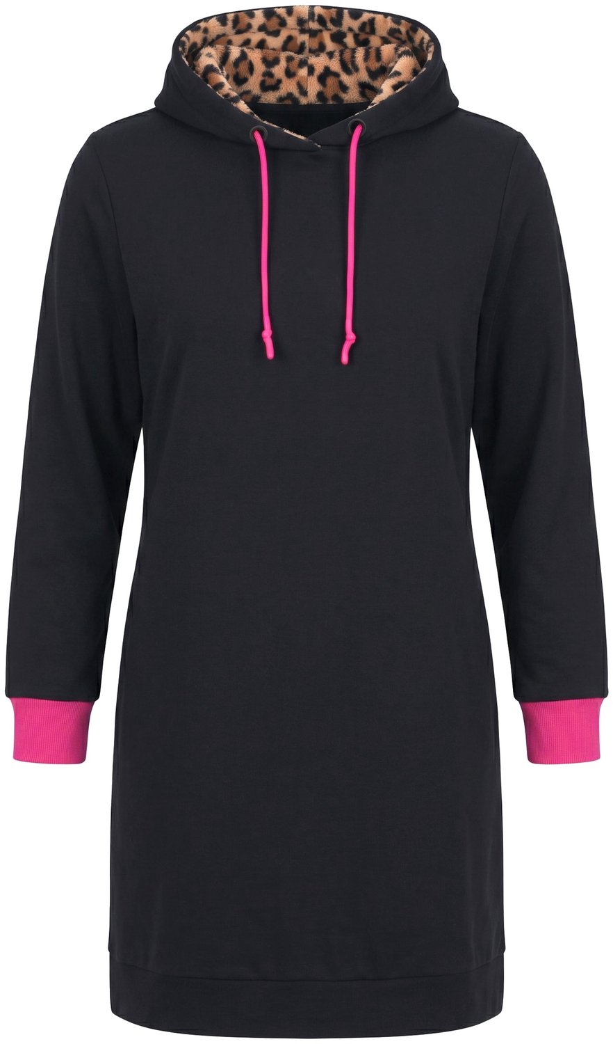 Ulla Popken Dames - Sweatjurk luipaardprint capuchon lange mouwen - Zwart - Maat 46+