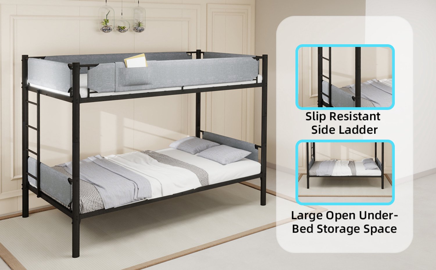Wishdor Stapelbed 90x190 cm - Om te bouwen tot twee eenpersoonsbedden - Afneembare linnen uitvalbeveiliging - Metalen frame - Ruimtebesparend voor kinder- en logeerkamer - Zwart