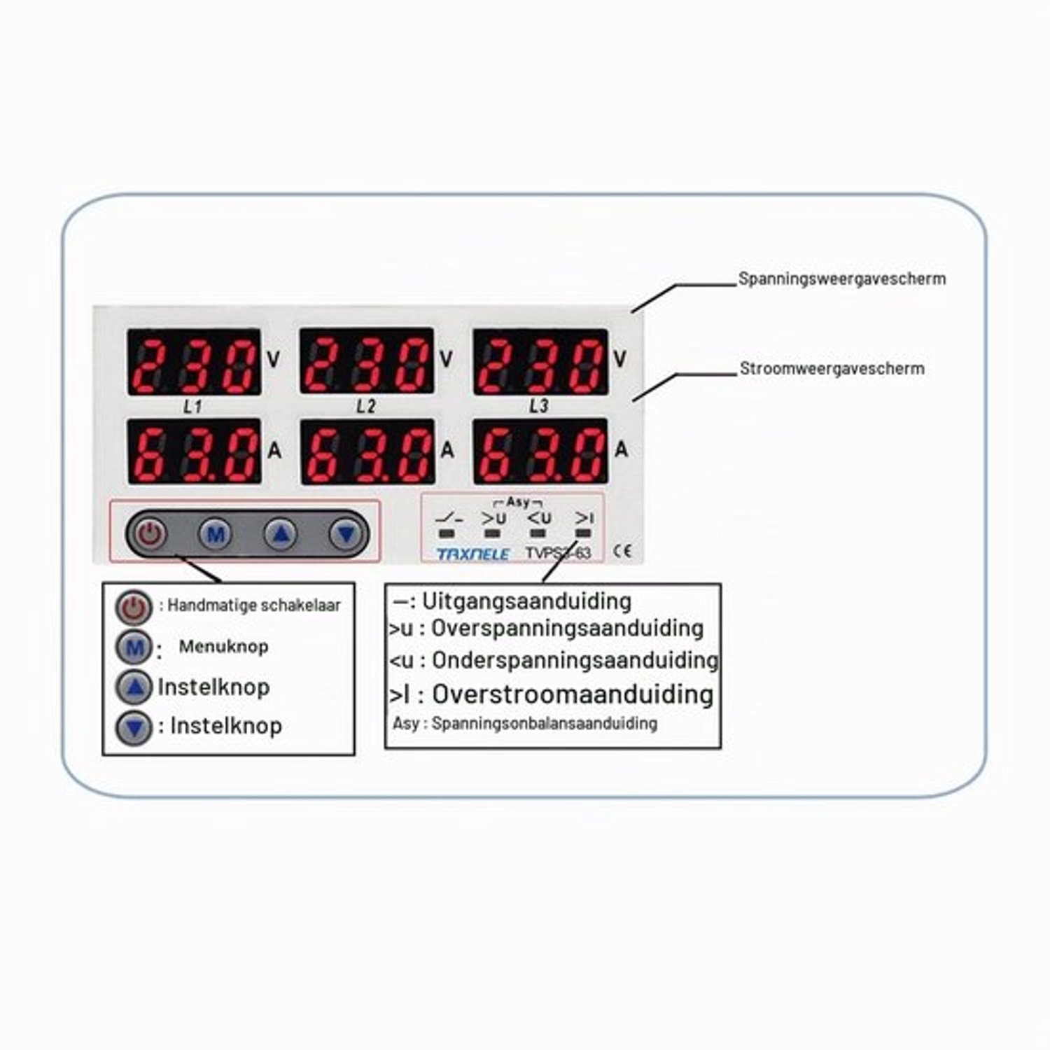 AC 390‑500V 3-fase DIN-rail voltmeter Ampèremeter Instelbare overspannings- en onderspanningsstroombeveiliging (40A)