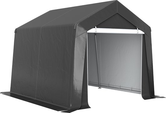 Grijze opslagtent voor buiten met een stevig metalen frame en oprolbare voorkant.