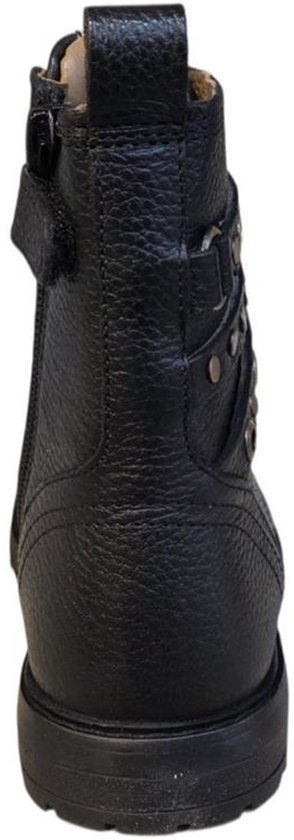 Achterkant van zwarte leren Develab bikerboot met een hiellus.