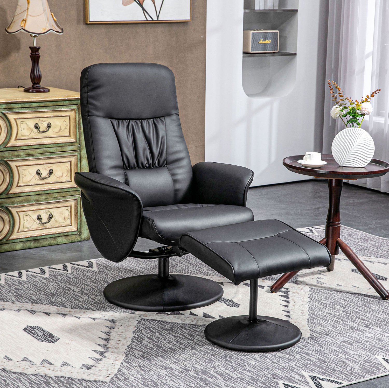 MIVRAY Relaxfauteuil 76 x 81 x 101 cm - Draaibaar met Verstelbare Rugleuning en Hocker - Voor Woonkamer en Kantoor - Kunstleer - Zwart