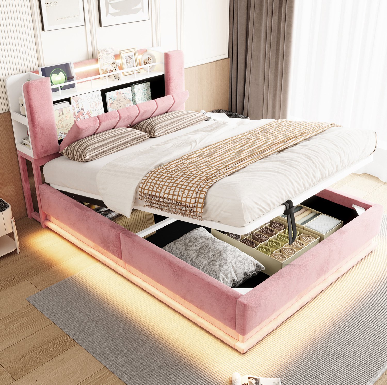 Wishdor Tweepersoonsbed 140x200 cm - Roze fluwelen bekleding en hydraulische opbergruimte - LED-verlichting en USB-aansluitingen - Hoofdbord met opbergruimte - MDF en metaal