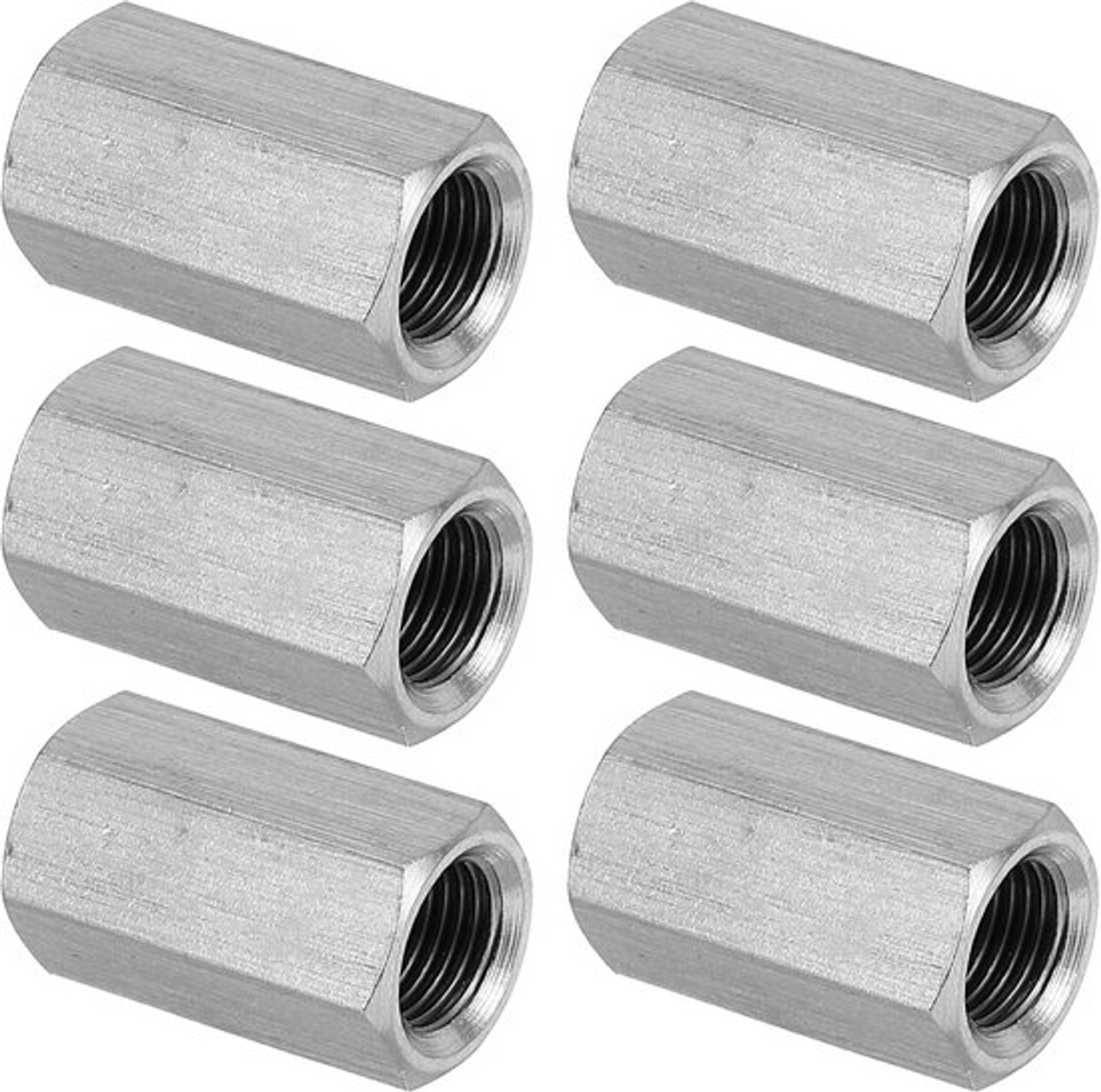 M10 x 1-Pitch 304 roestvrij staal zeskantkoppelingsmoeren, 6 stuks 25mm / 1" lengte volledige draad stangenkoppelingsmoer verbindingselementen, zilverkleur