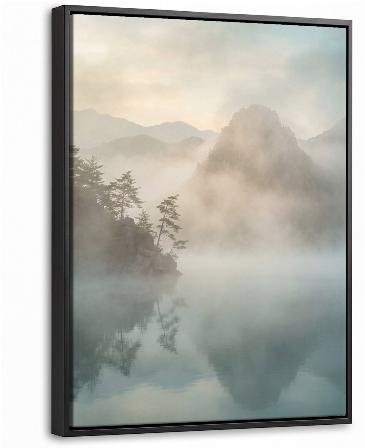 Canvas Schilderij met Baklijst - Landschap - Bergen - Mist - Water - Natuur