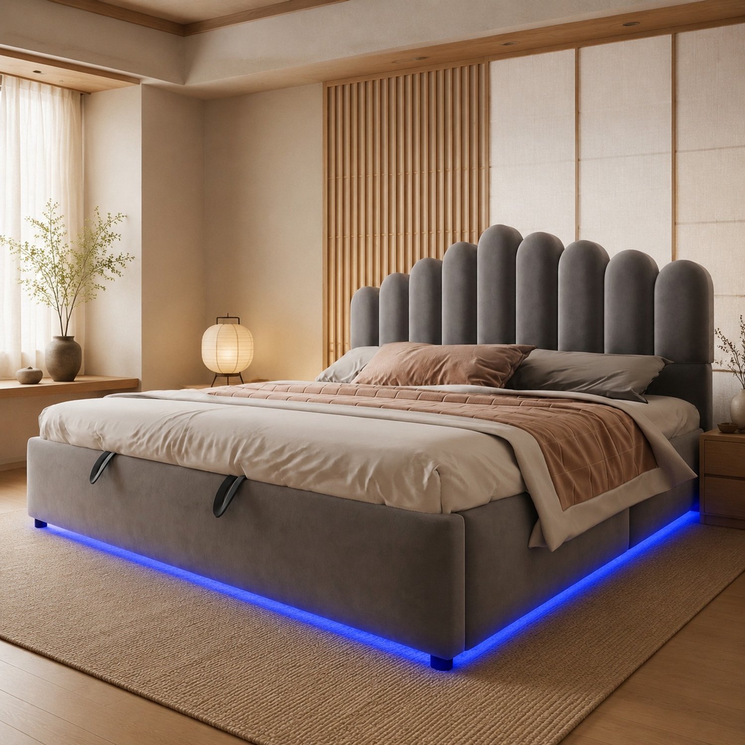 Wishdor Tweepersoonsbed 180x200 cm - Hydraulische opbergruimte - LED-verlichting en lattenbodem - Gestoffeerd hoofdbord - Modern voor de slaapkamer - Fluweel, MDF en hout - Grijs