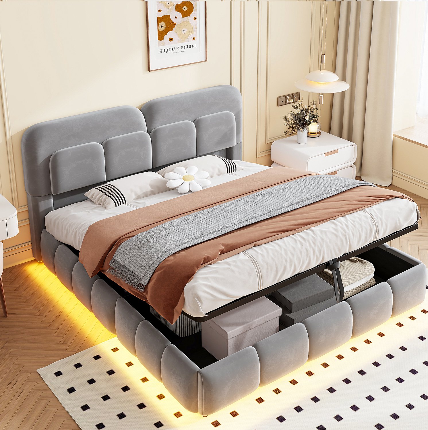 Wishdor Tweepersoonsbed 140x200 cm - Hydraulische opbergruimte en LED-verlichting - Gestoffeerd hoofdbord en bedzijden - Lattenbodem - Slaapkamer en logeerkamer - Grijs fluweel