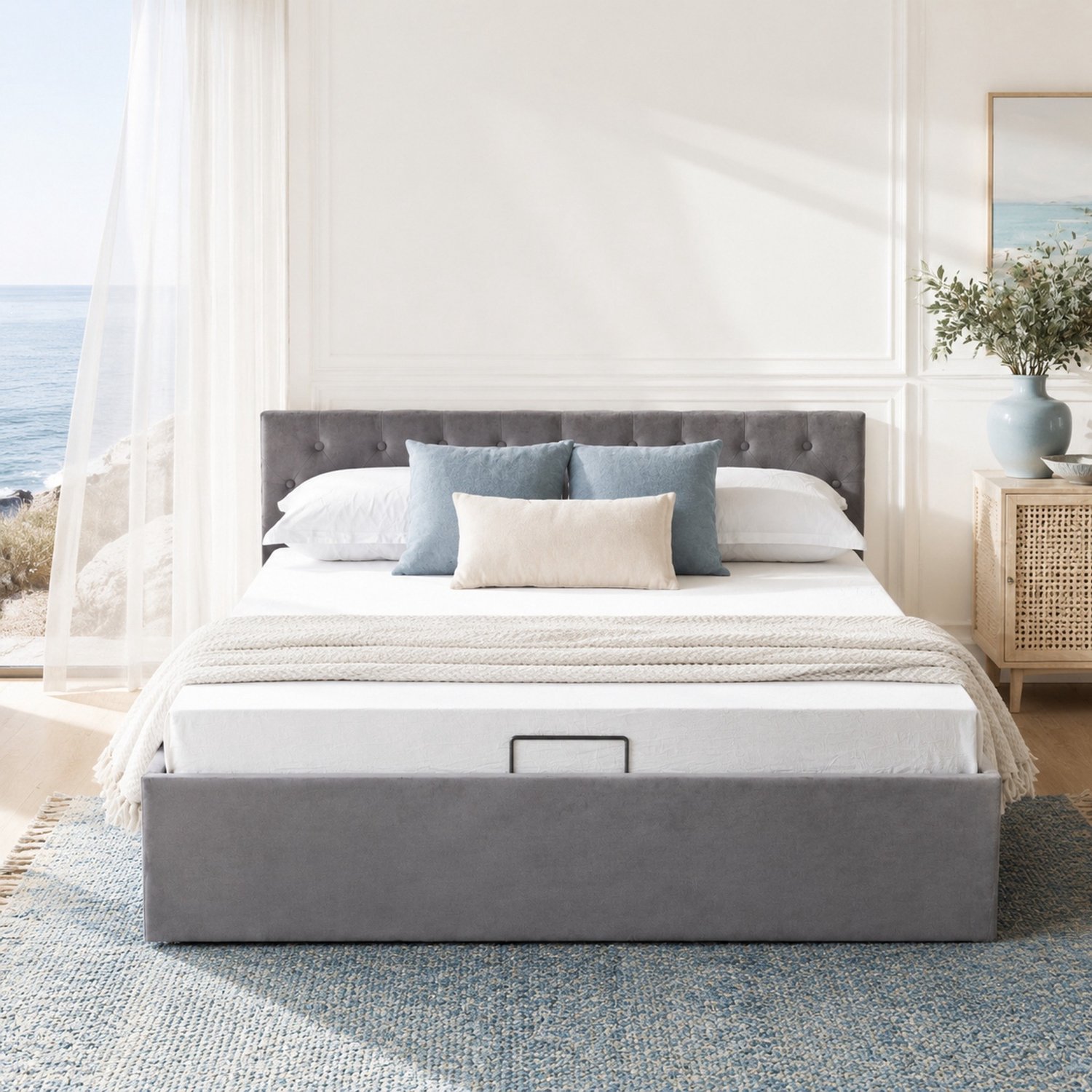 WUVRIE Gestoffeerd bed 140x200 cm - Fluweel, geknoopt hoofdbord en hydraulische opbergruimte - Grijs