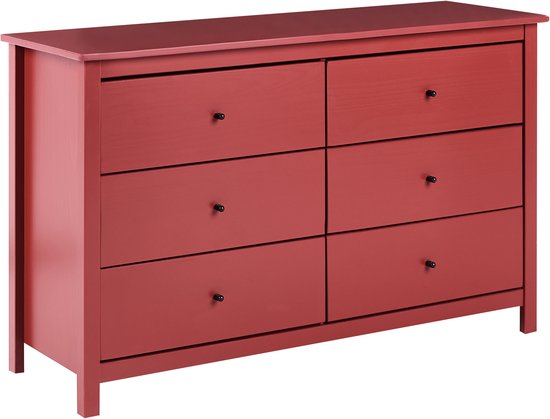 Een rode ladekast met zes lades, elk met een zwart handvat. De kast staat op vier poten.