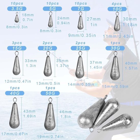 44-delige Set Druppelvormige Viskogels, Diverse Maten, Ideaal voor Vissen met Lood en Zink, Perfect voor Hengelsport en Zeevissen — afbeelding 5