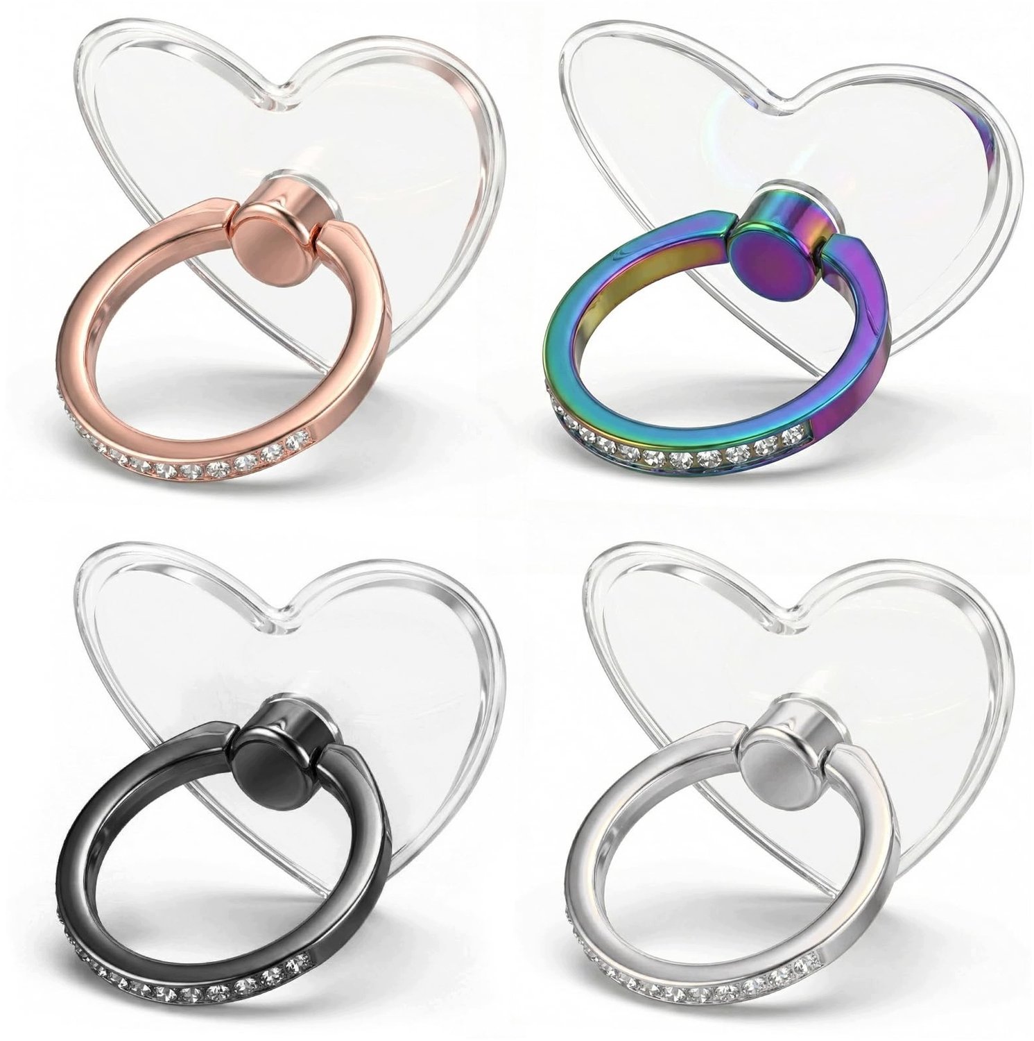 Set van 4 Hartvormige Telefoonringen - Zilver, Zwart, Roségoud, Iridescent