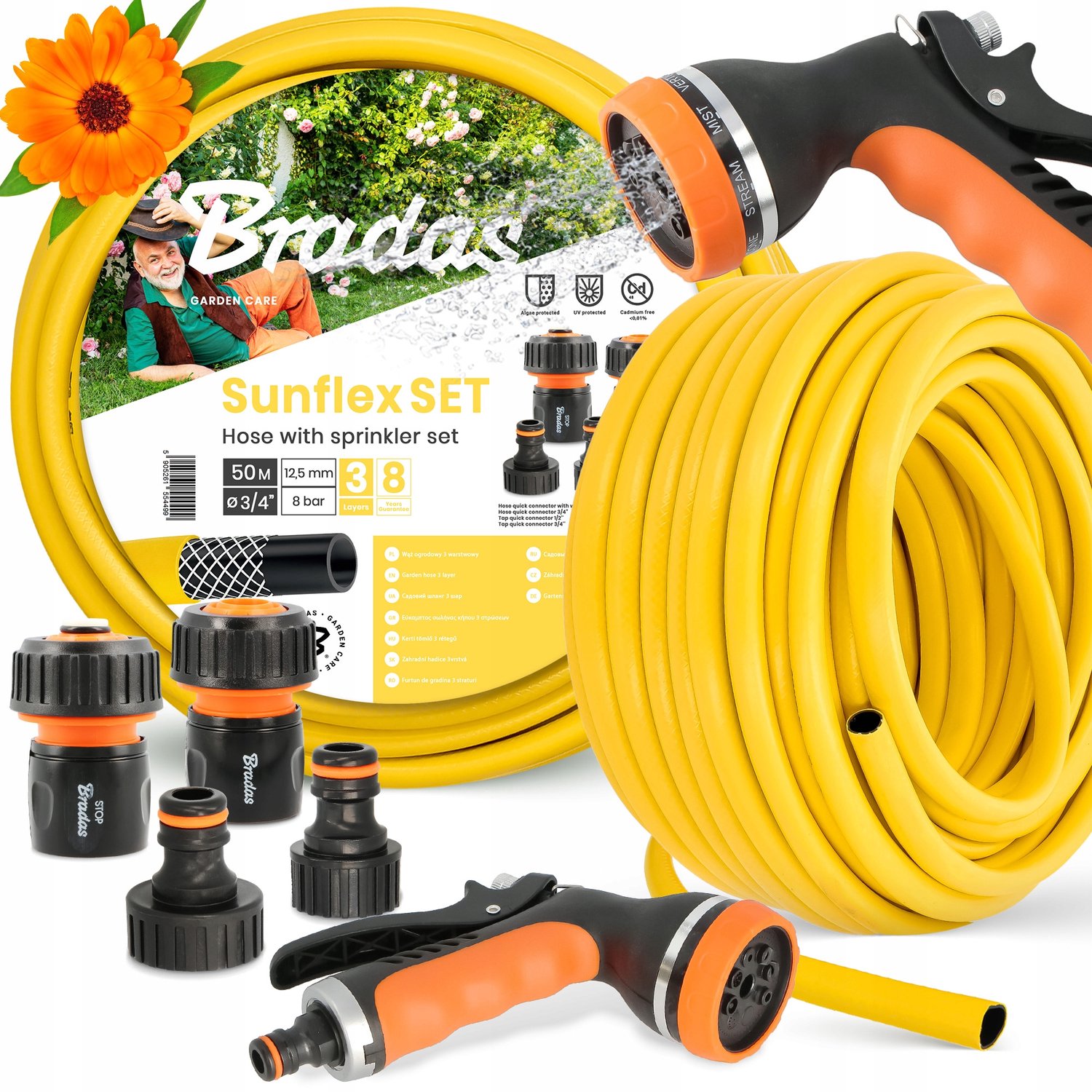 Tuinslang 3/4'' 50m Geel 3-laags met 8-functie spuitpistool & koppelingen