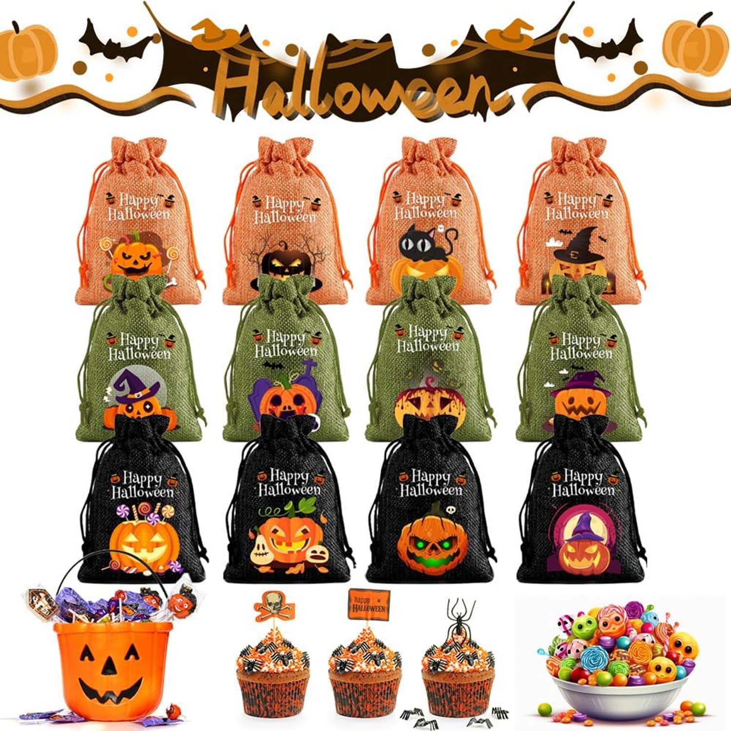 jute zakjes 10 x 14 cm - 12 stuks - Halloween-design - schattige snoeptas - Homevero