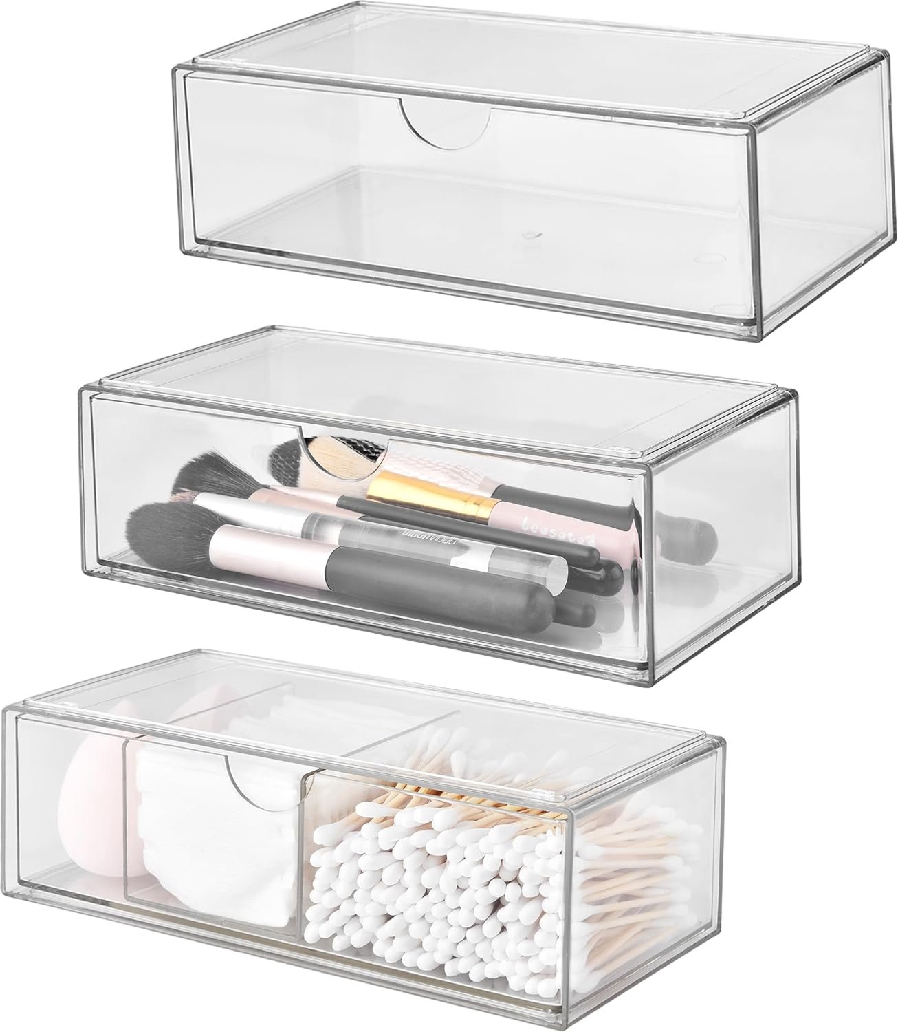 SnelShoppen - Badkamer Organiser Mini Set van 3 - Acryl Stapelbaar Transparant - Met Lades voor Makeup, Schoonheidsproducten en Accessoires - Ideaal v
