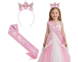 Verjaardagsdecoratie voor Meisjes, Verjaardagskroon en Sjerp, Roze Prinses Kroon voor 5 Jaar, Feestdecoratie en Cadeau-idee