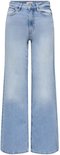 Lichtblauwe jeans met hoge taille en wijde pijpen, voorzien van een rits- en knoopsluiting en 'ONLY' label aan de binnenzijde.