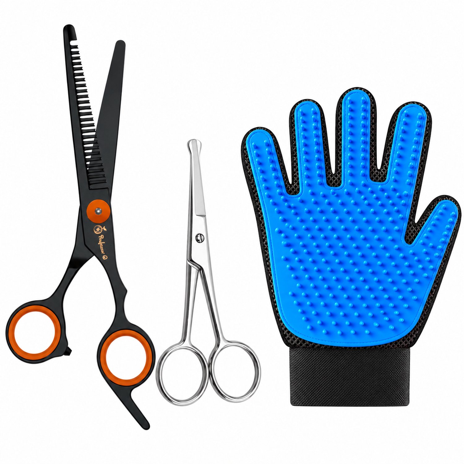 Professor Q Hondentrimset - Effileerschaar Zwart/Oranje - Potenschaar Zilver en Vachthandschoen Blauw - 3-delig