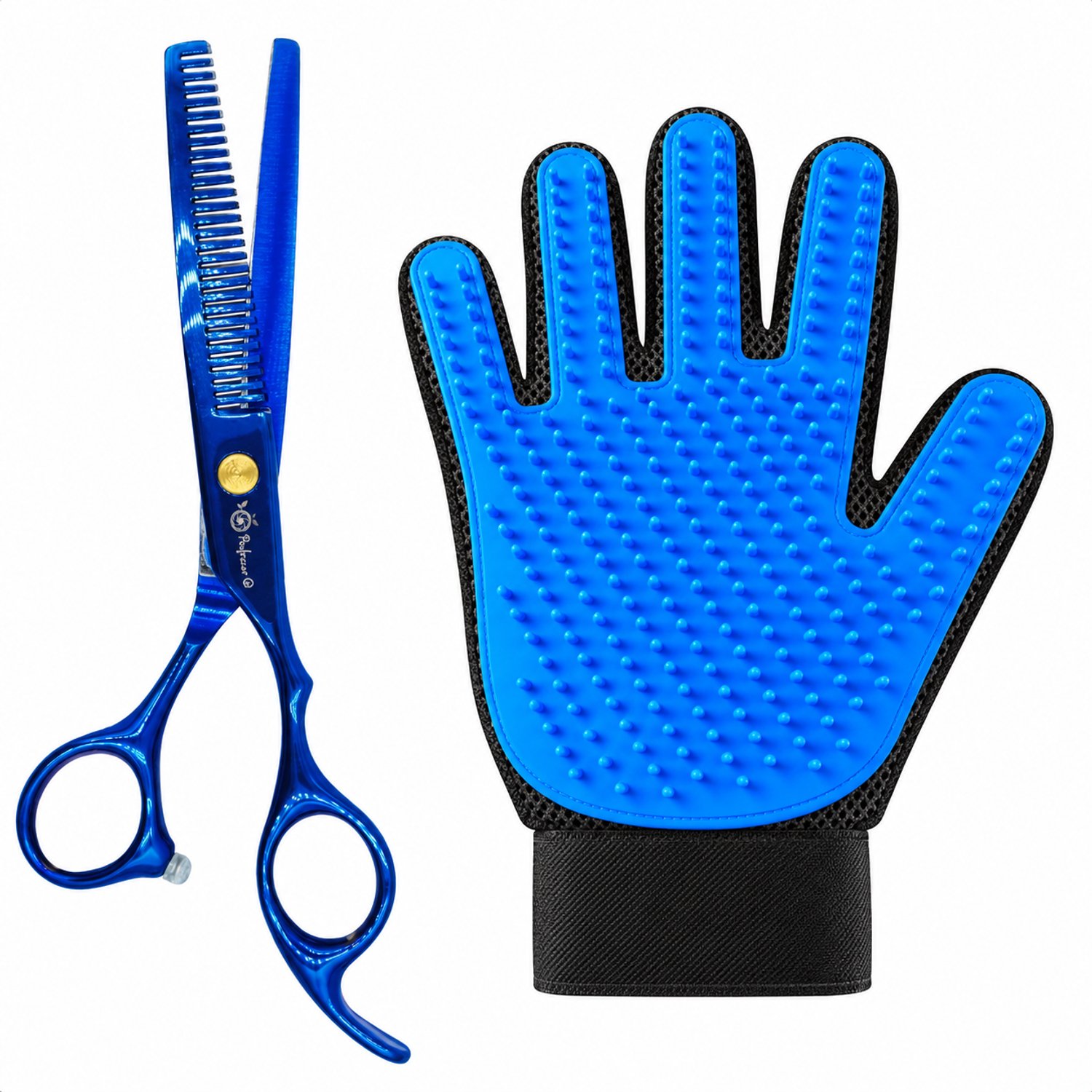 Professor Q Hondentrimset - Effileerschaar Blauw - Vachthandschoen Blauw - 2-delig