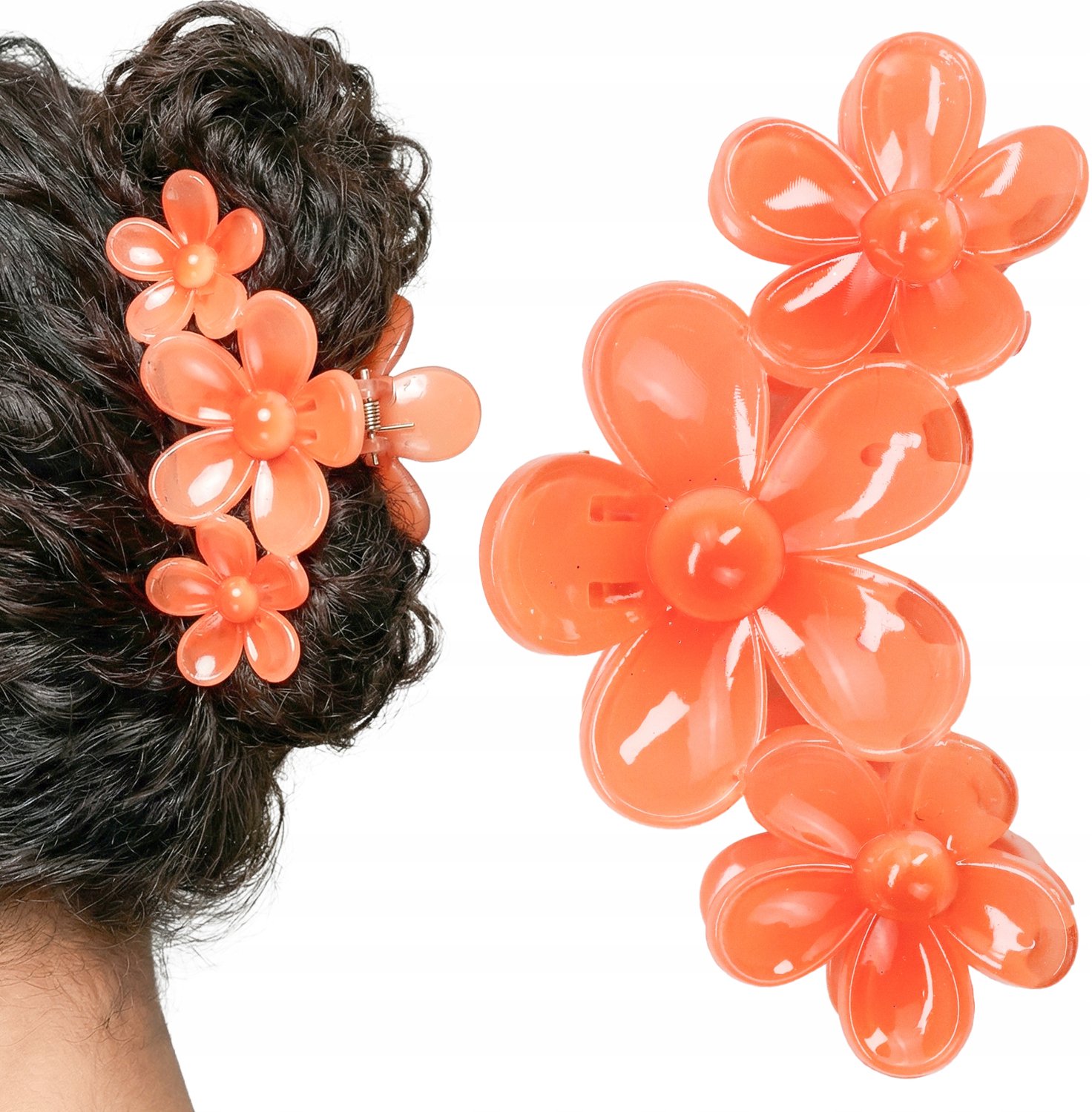Grote Haarclip met Drie Bloemen - Oranje