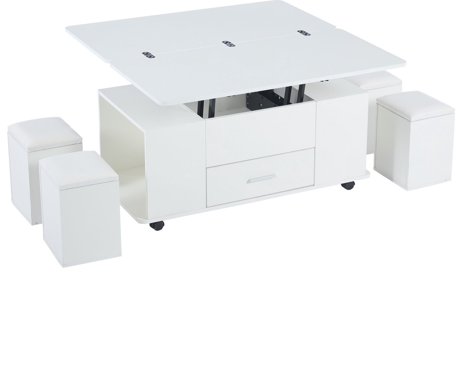SONNENH Lift-up salontafel met 4 opberghockers, lade en wielen - 100 cm - Wit