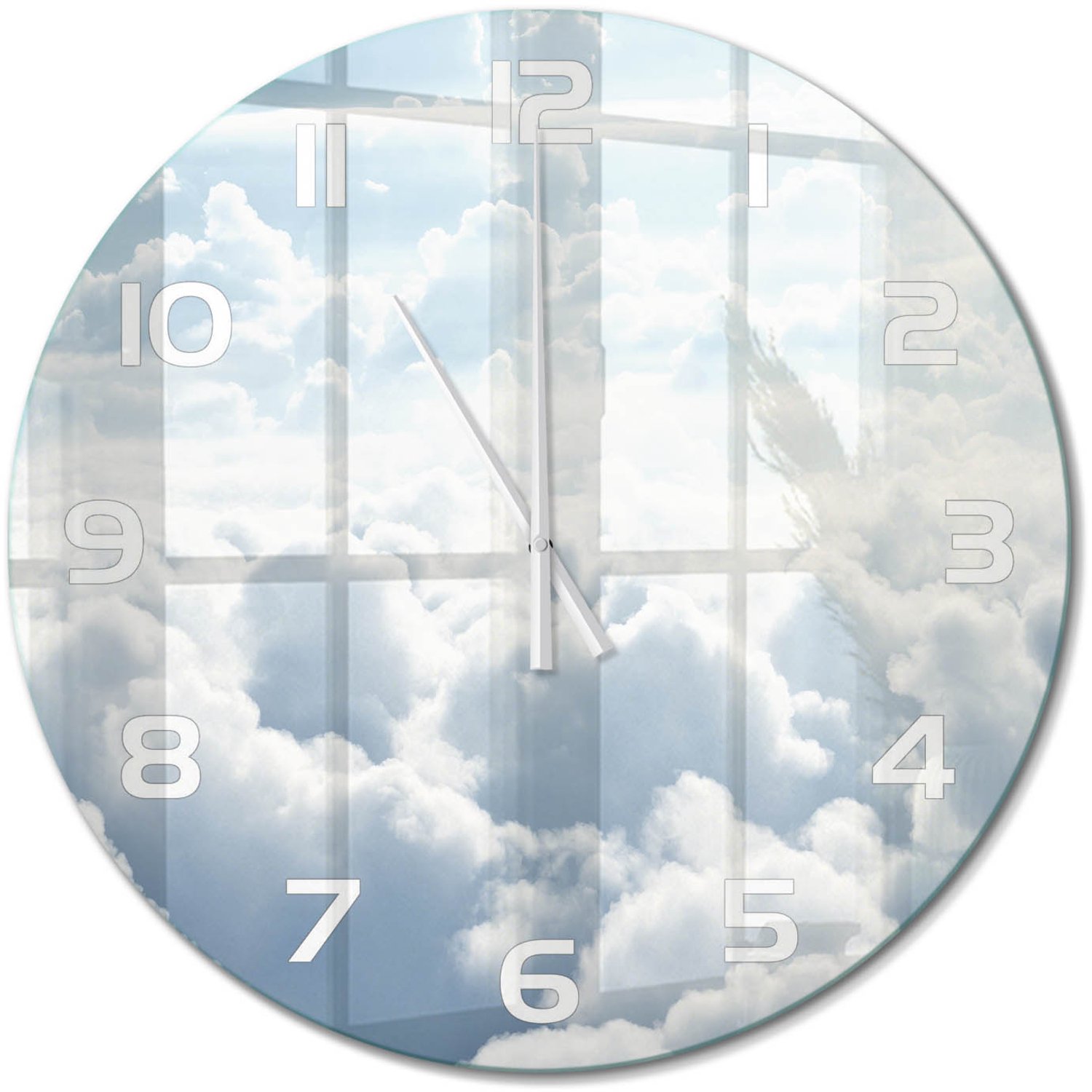 TULUP Wandklok - Wolken gezien vanuit vogelperspectief Glazen Klok Met Print - fi60 cm - Wit Wandklok Glas Met Motief - Witte handen - Ronde Klok - Wandklok Glas Decoratie - Gekleurde Glazen Klok
