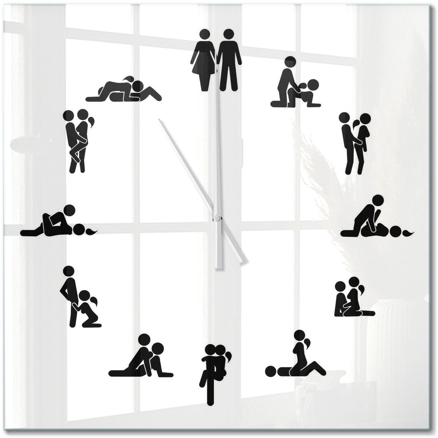 TULUP Wandklok - Kama Sutra Glazen Klok Met Print - 60x60 cm - Wit Wandklok Glas Met Motief - Witte handen - Vierkante Klok - Wandklok Glas Decoratie - Gekleurde Glazen Klok