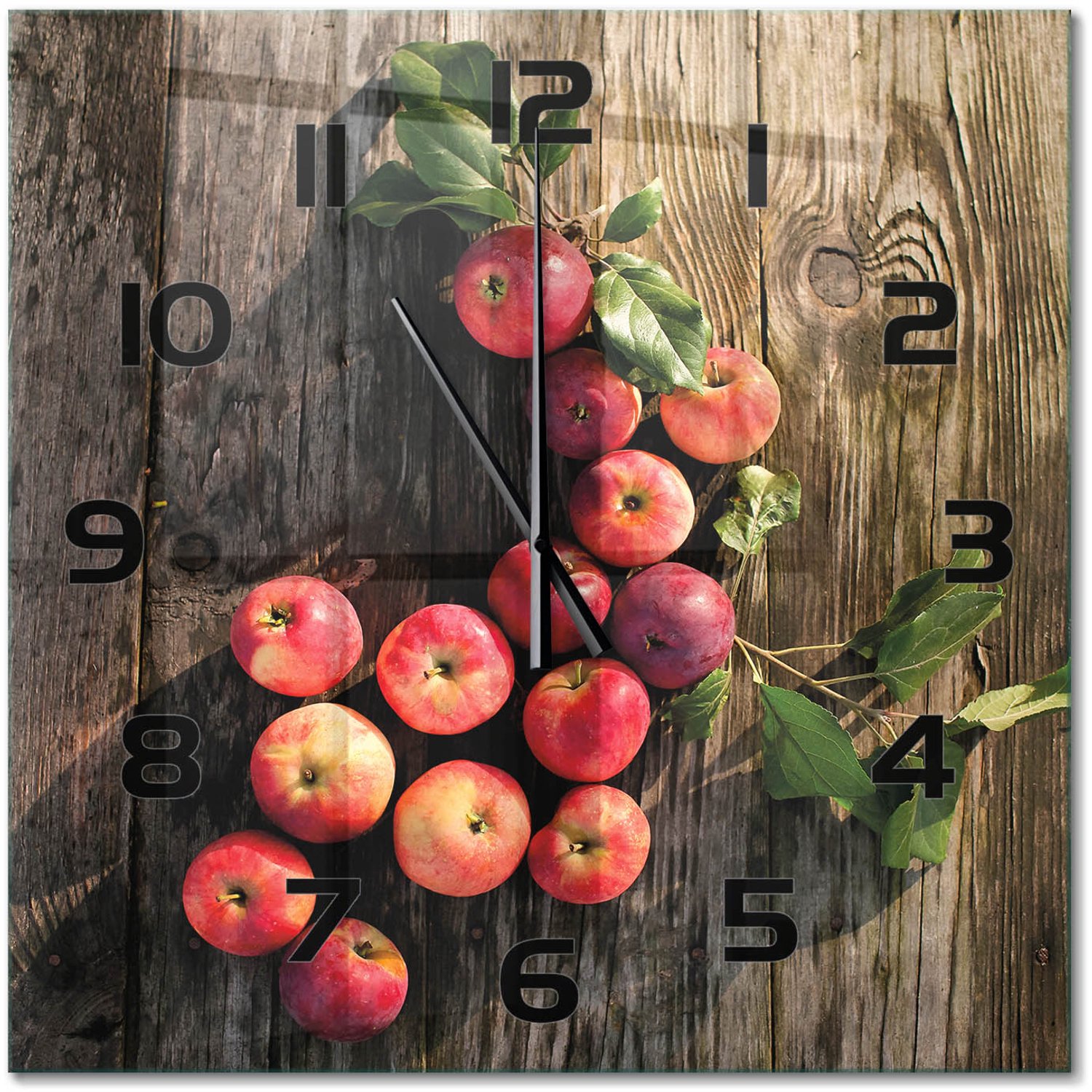 TULUP Wandklok - Appels op tafel Glazen Klok Met Print - 60x60 cm - Rood Wandklok Glas Met Motief - Zwarte handen - Vierkante Klok - Wandklok Glas Decoratie - Gekleurde Glazen Klok
