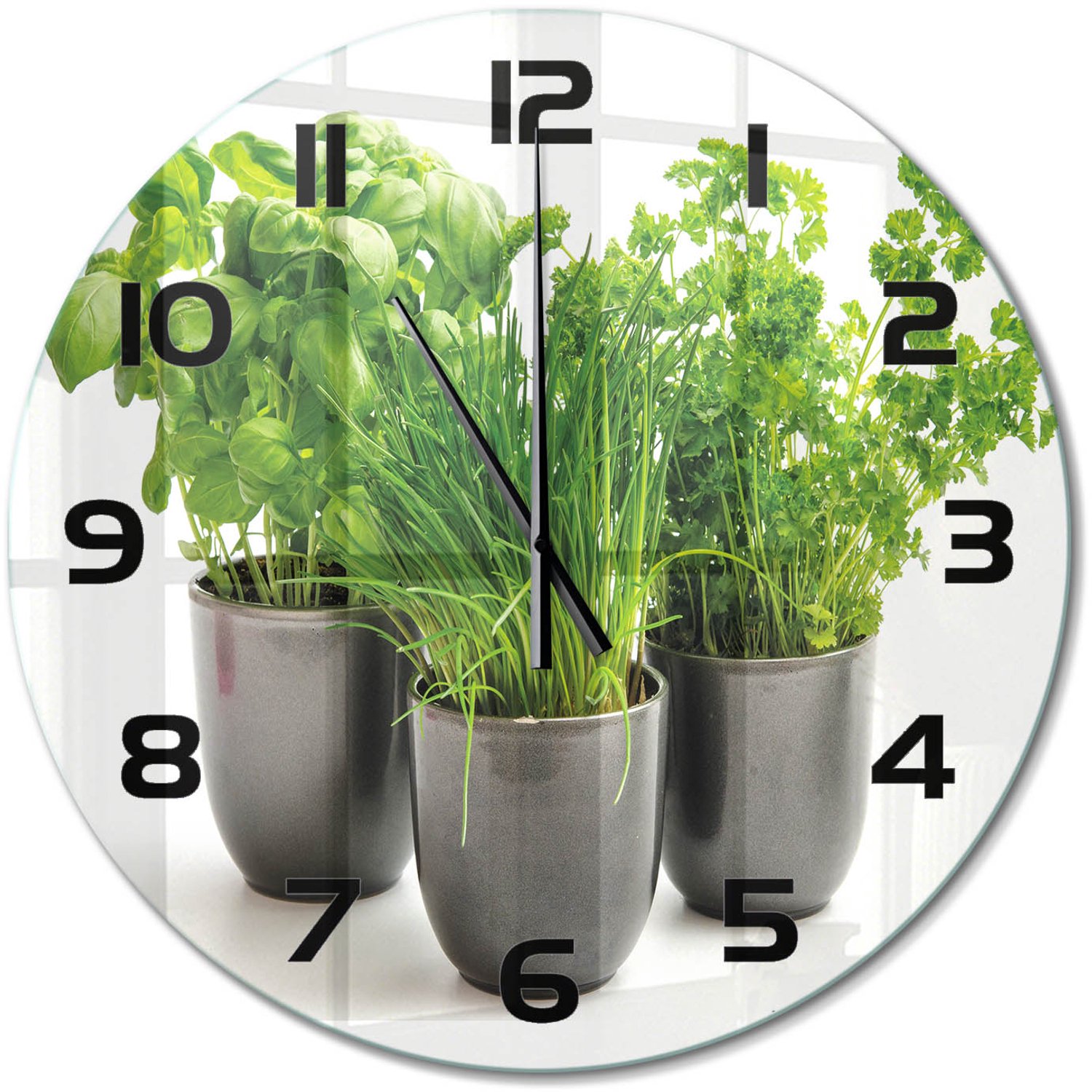 TULUP Wandklok - Kruiden in potten Glazen Wandklok Design - fi60 cm - Groente Klok Glas Met Opdruk - Zwarte handen - Ronde Klok - Wandklok Glas Met Motief - Decoratieve Glazen Klok