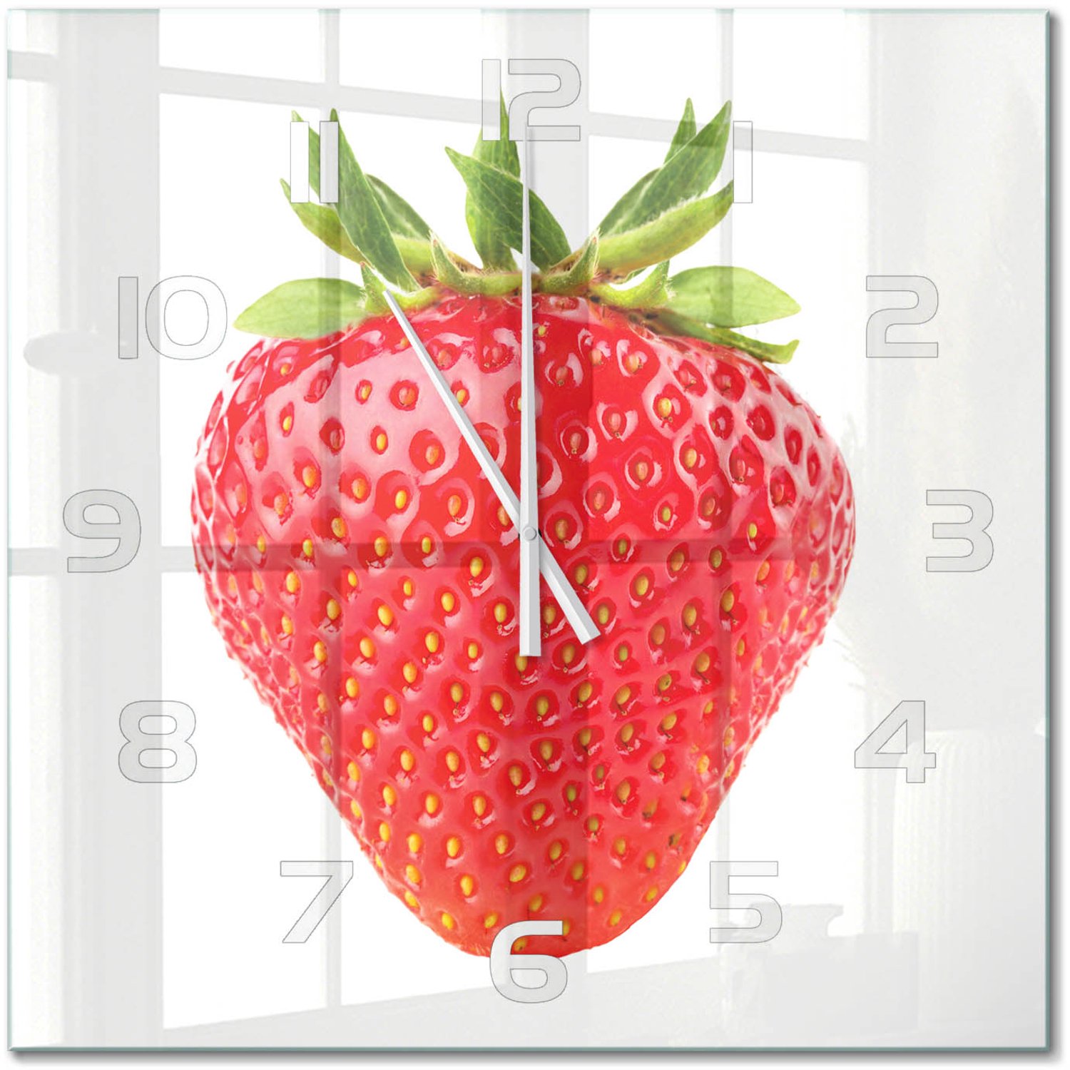TULUP Wandklok - Aardbei Wandklok Glas Met Motief - 60x60 cm - Rood Decoratieve Glazen Klok - Witte handen - Vierkante Klok - Gekleurde Glazen Klok - Glazen Klok Met Print