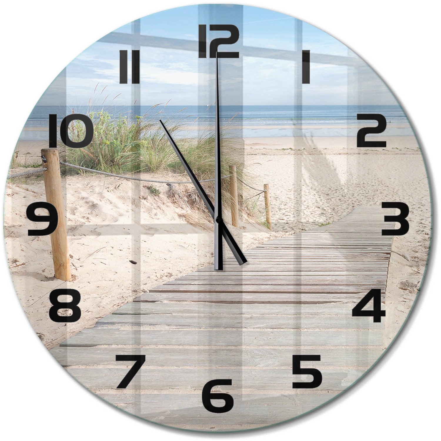 TULUP Wandklok - Strand Moderne Wandklok Glas - fi60 cm - Beige Wandklok Glas Decoratie - Zwarte handen - Ronde Klok - Glazen Wandklok Design - Klok Glas Met Opdruk
