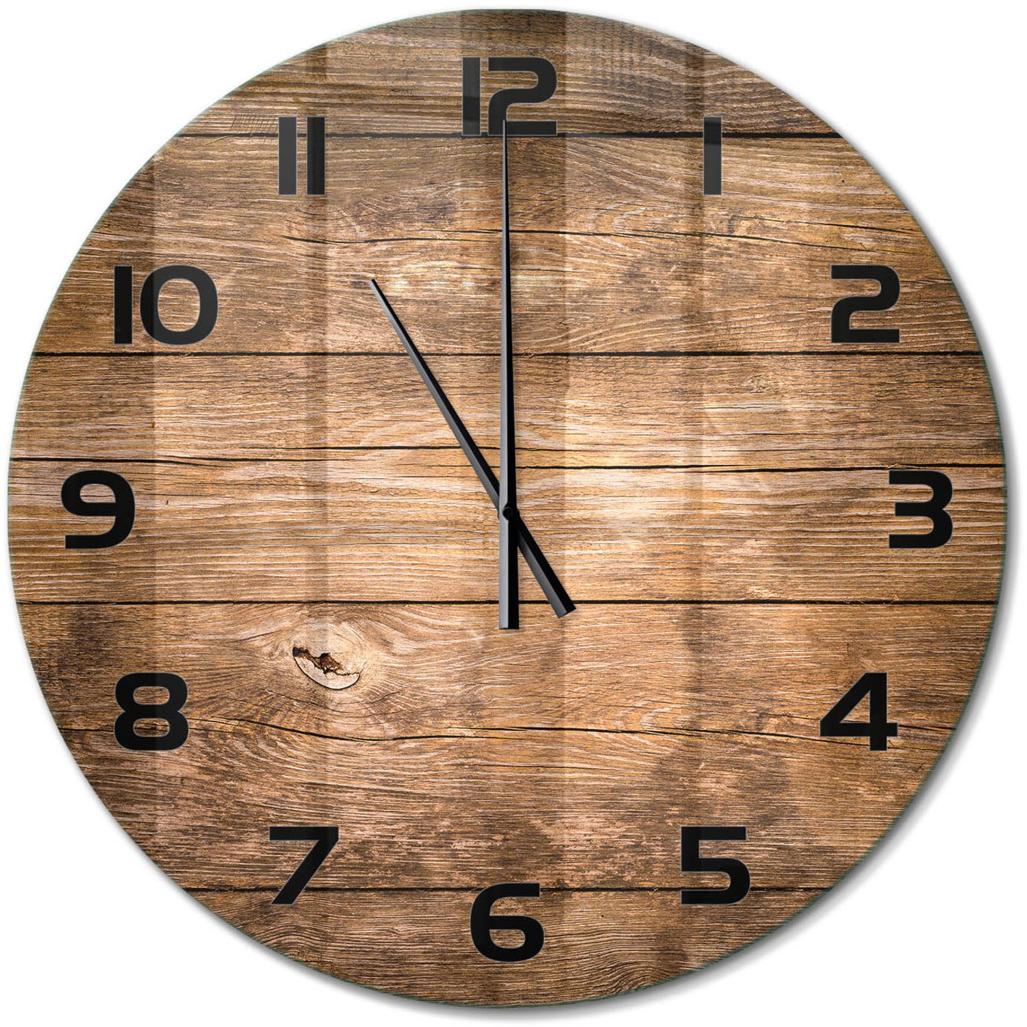TULUP Wandklok - Houten achtergrond Wandklok Glas Met Motief - fi60 cm - Bruin Decoratieve Glazen Klok - Zwarte handen - Ronde Klok - Gekleurde Glazen Klok - Glazen Klok Met Print