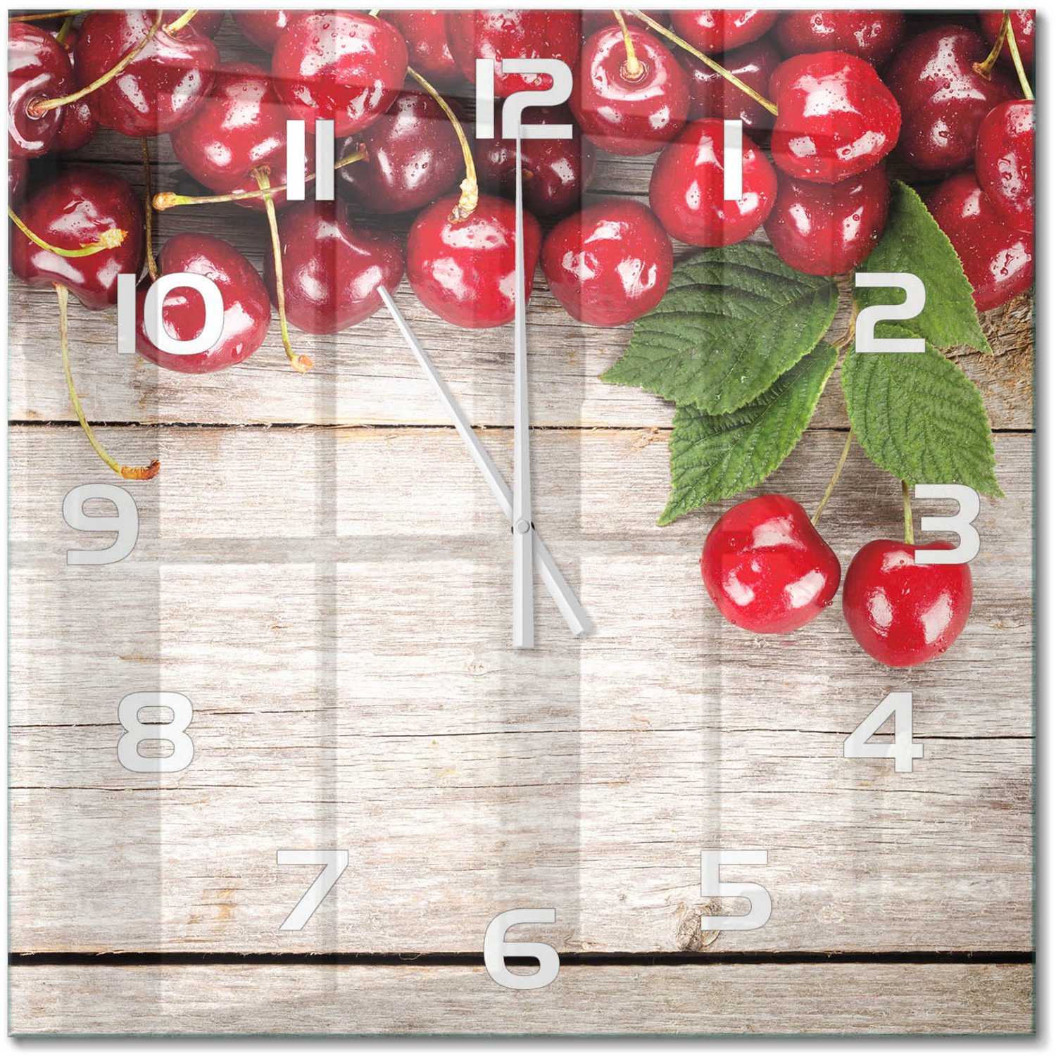 TULUP Wandklok - Kersen op hout Gekleurde Glazen Klok - 60x60 cm - Rood Glazen Klok Met Print - Witte handen - Vierkante Klok - Moderne Wandklok Glas - Wandklok Glas Decoratie
