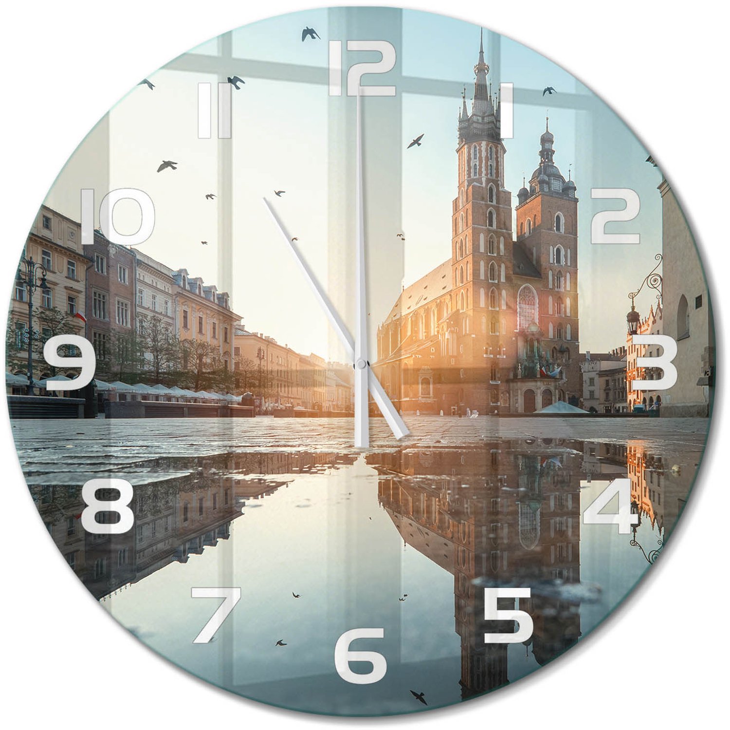 TULUP Wandklok - Krakau, Polen Glazen Klok Met Print - fi60 cm - Blauw Wandklok Glas Met Motief - Witte handen - Ronde Klok - Wandklok Glas Decoratie - Gekleurde Glazen Klok