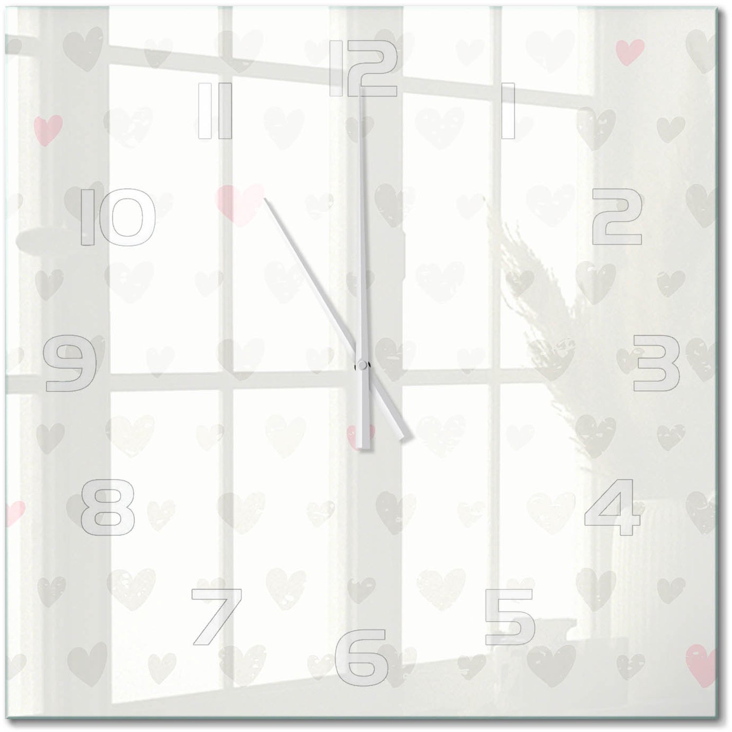 TULUP Wandklok - Hartachtergrond Wandklok Glas Met Motief - 60x60 cm - Grijs Decoratieve Glazen Klok - Witte handen - Vierkante Klok - Gekleurde Glazen Klok - Glazen Klok Met Print