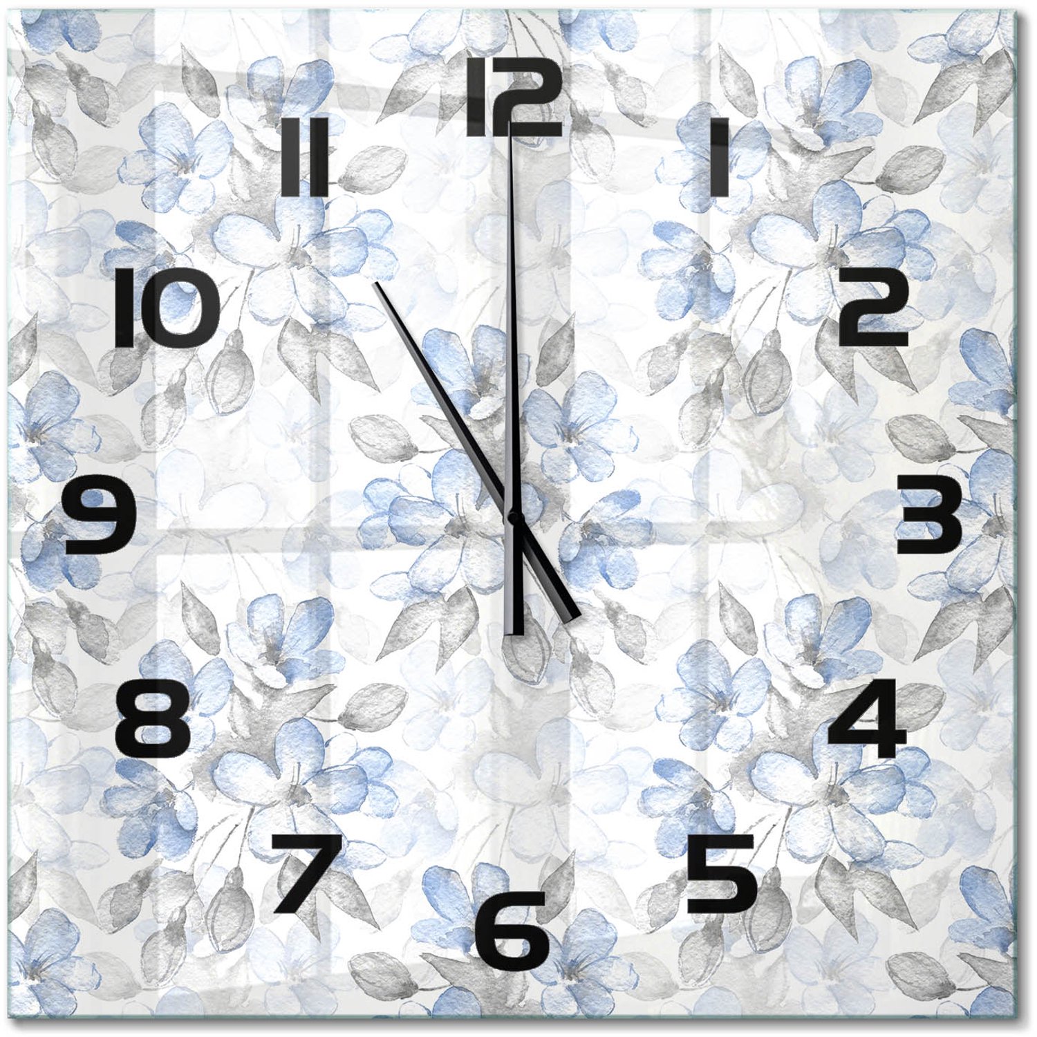 TULUP Wandklok - delicate bloemen Moderne Wandklok Glas - 60x60 cm - Blauw Wandklok Glas Decoratie - Zwarte handen - Vierkante Klok - Glazen Wandklok Design - Klok Glas Met Opdruk