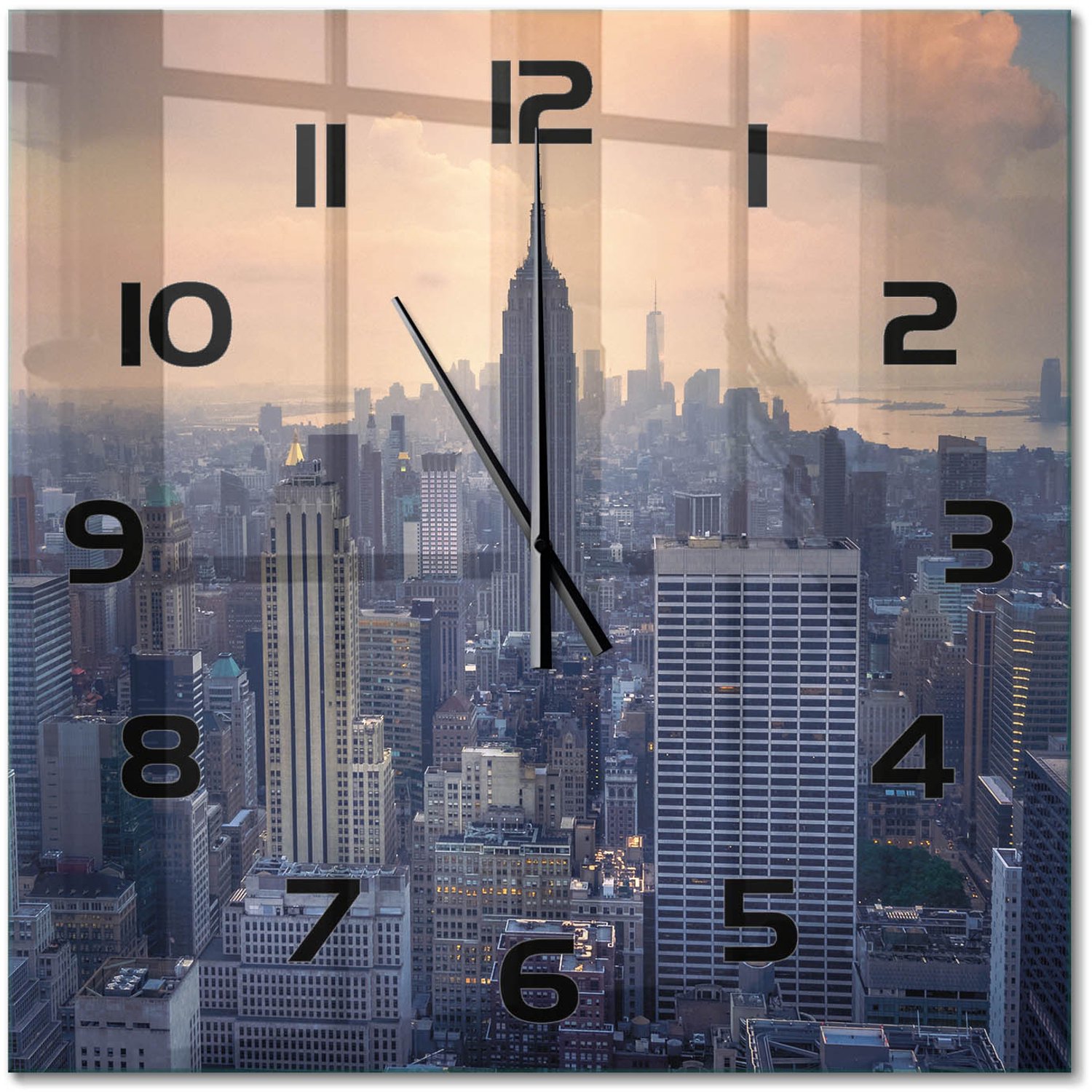 TULUP Wandklok - Manhattan, New York Wandklok Glas Decoratie - 60x60 cm - Grijs Gekleurde Glazen Klok - Zwarte handen - Vierkante Klok - Klok Glas Met Opdruk - Moderne Wandklok Glas