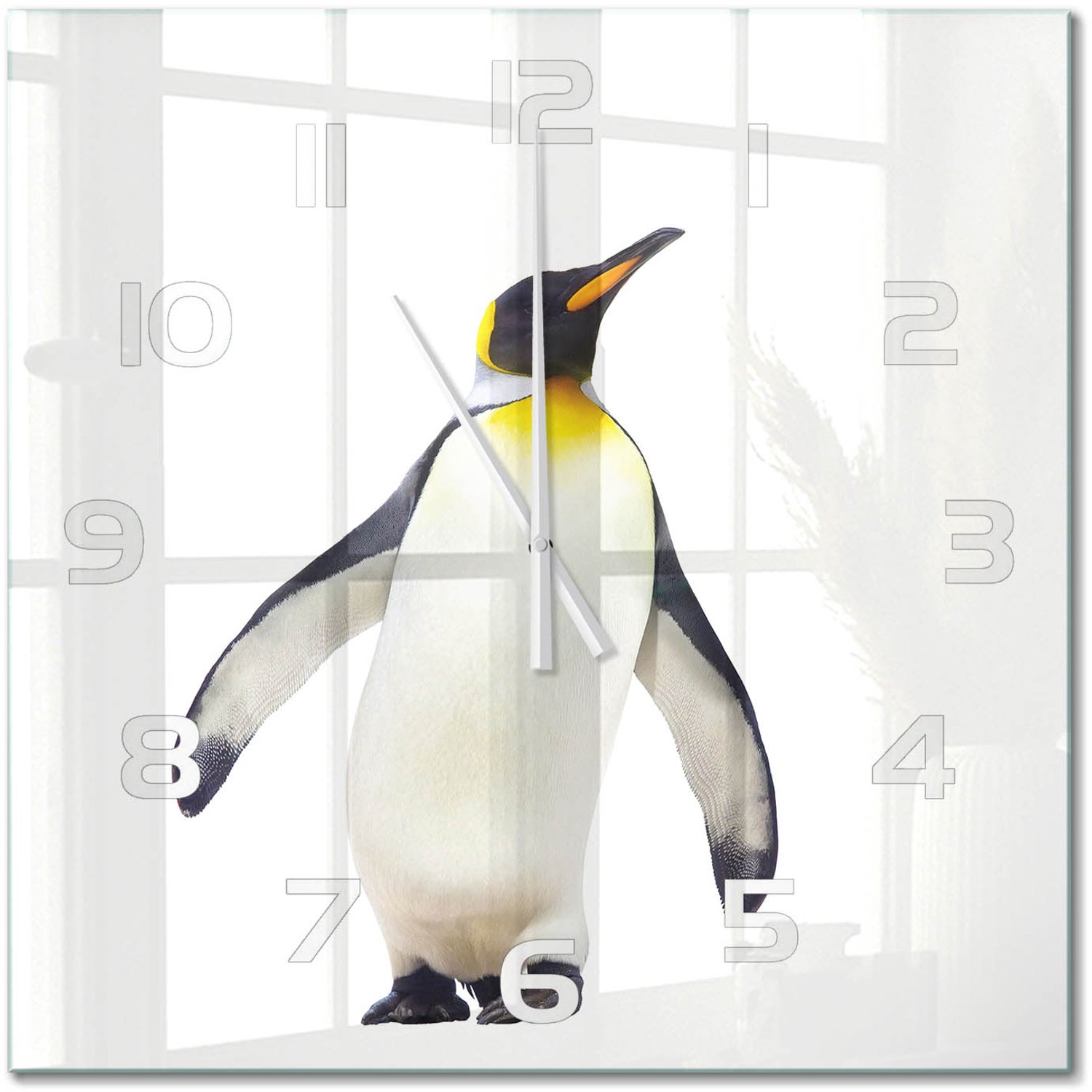 TULUP Wandklok - Pinguïn Decoratieve Glazen Klok - 60x60 cm - Wit Glazen Wandklok Design - Witte handen - Vierkante Klok - Glazen Klok Met Print - Wandklok Glas Met Motief