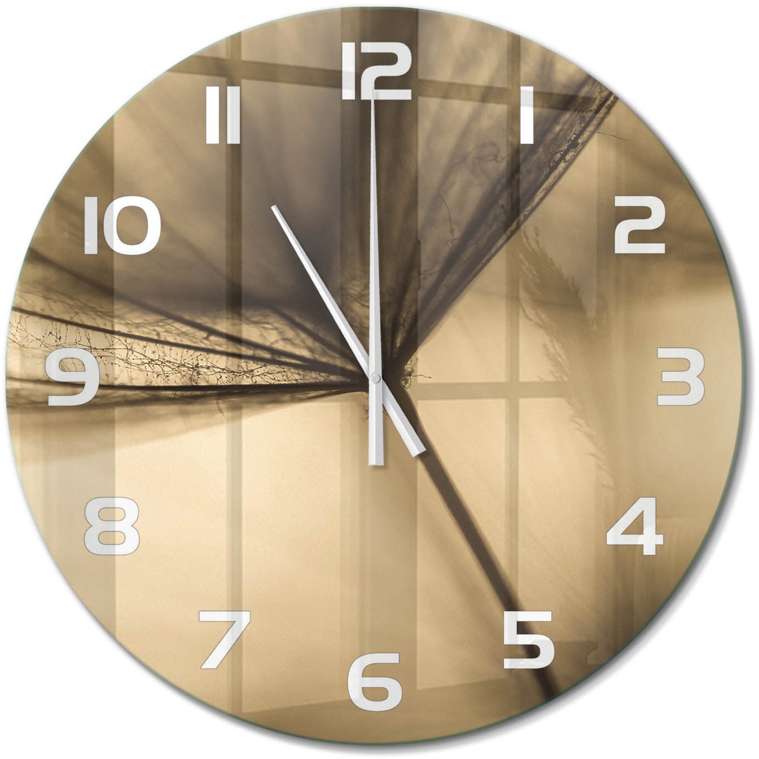 TULUP Wandklok - Paardebloem Glazen Wandklok Design - fi60 cm - Beige Klok Glas Met Opdruk - Witte handen - Ronde Klok - Wandklok Glas Met Motief - Decoratieve Glazen Klok