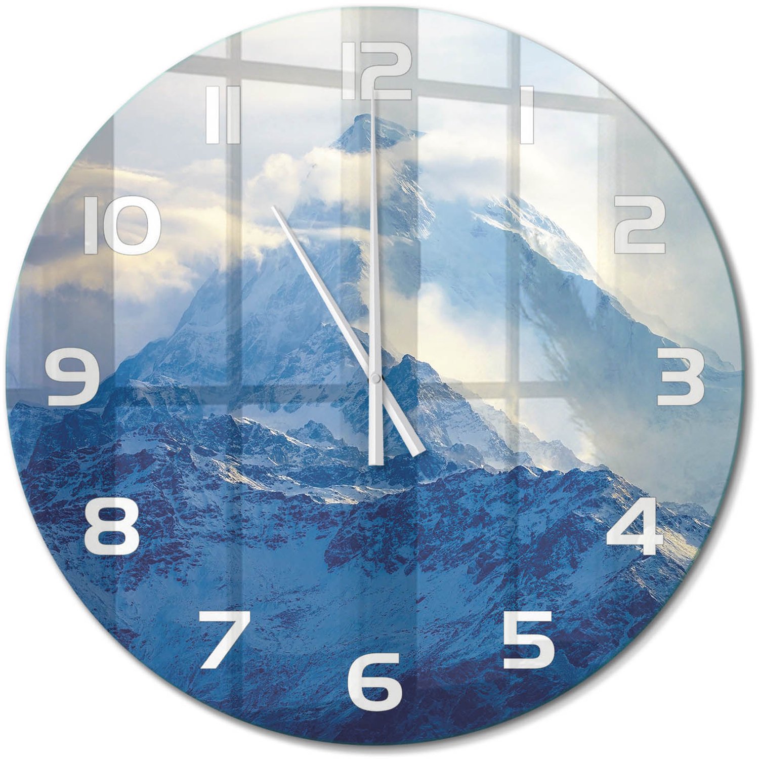 TULUP Wandklok - bergtop Wandklok Glas Met Motief - fi60 cm - Blauw Decoratieve Glazen Klok - Witte handen - Ronde Klok - Gekleurde Glazen Klok - Glazen Klok Met Print