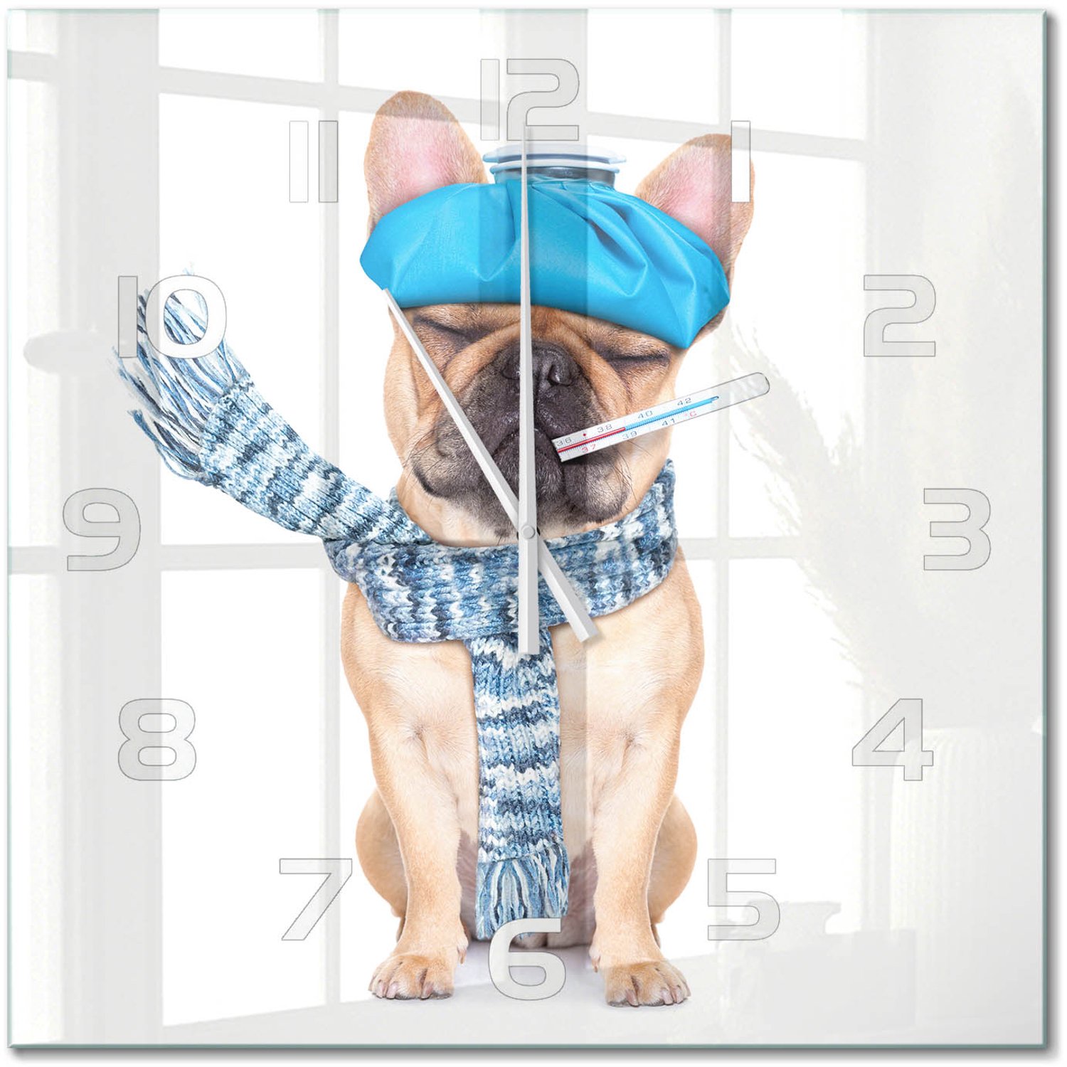 TULUP Wandklok - Zieke hond Glazen Wandklok Design - 60x60 cm - Blauw Klok Glas Met Opdruk - Witte handen - Vierkante Klok - Wandklok Glas Met Motief - Decoratieve Glazen Klok