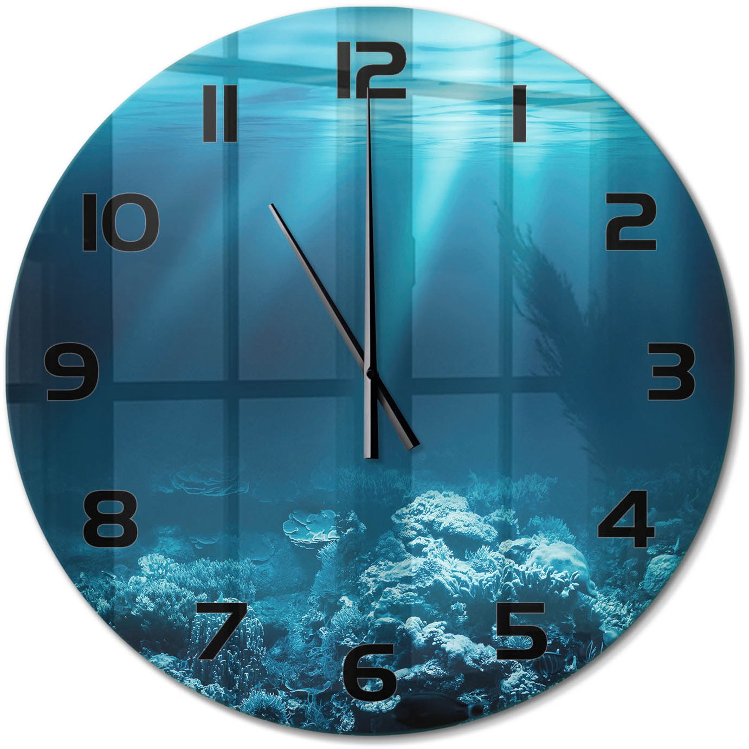 TULUP Wandklok - Onderwaterwereld Glazen Wandklok Design - fi60 cm - Blauw Klok Glas Met Opdruk - Zwarte handen - Ronde Klok - Wandklok Glas Met Motief - Decoratieve Glazen Klok